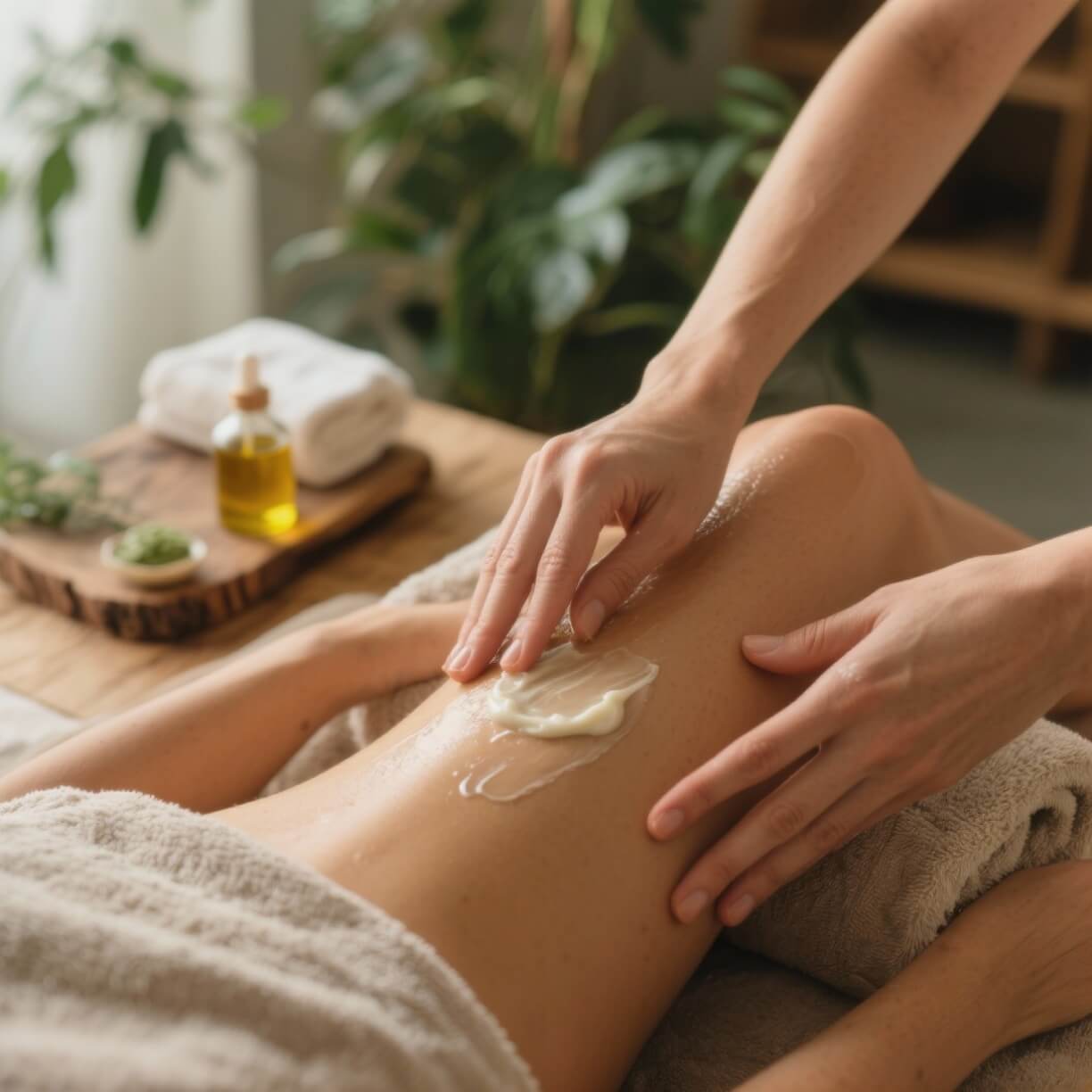 Tratamiento corporal con crema natural sobre piel femenina en spa relajante.