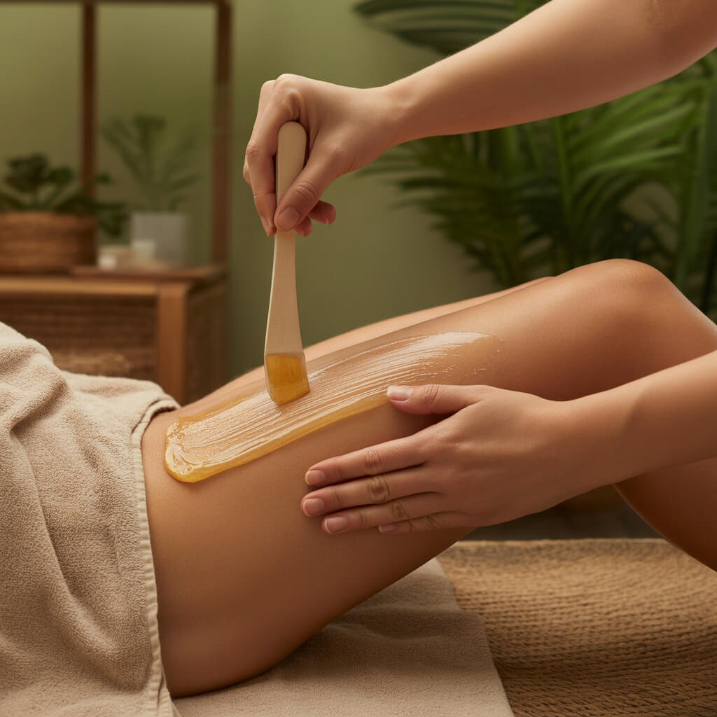Aplicación de cera en piernas para depilación profesional. Tratamientos de belleza y bienestar natural